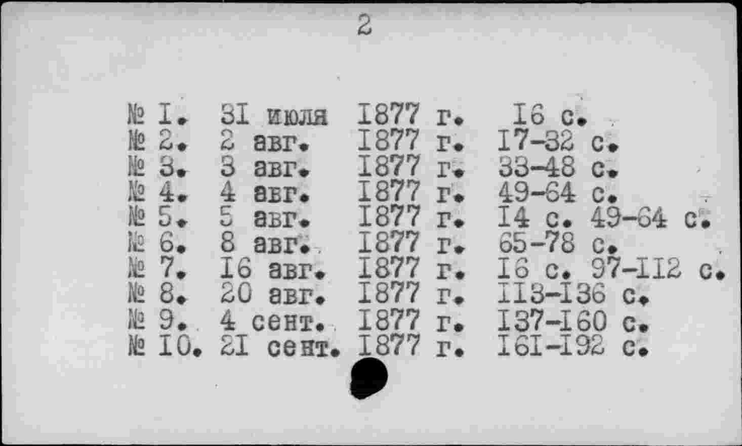 ﻿2
№ I.	31 июля	1877
№ 2.	2 авг.	1877
№ 3.	3 авг.	1877
te 4.	4 авг.	1877
te 5.	5 авг.	1877
te 6»	8 авг.	1877
te 7.	16 авг.	1877
te 8.	20 авг.	1877
te 9..	4 сент.	1877
te 10.	21 сент.	1877
г г г г г г г г г г
•	16 с.
. 17-32 с.
•	33-48 с.
. 49-64 с.
•	14 с. 49-64 с.
•	65-78 с»
•	15 с. 97-112 с*
•	ИЗ—136 с*
. 137-160 с.
•	161-192 с.